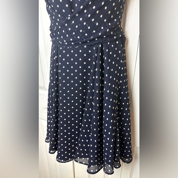 JOSEPH RIBKOFF Polka Dot Dress Navy Blue White Fit & Flare Wrap Tie Bow Waist - Picture 4 of 10